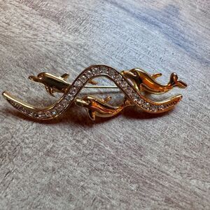 Swimming Dolphins Riding Rhinestone Wave Pin Brooch 2 Tone Costume Unsigned